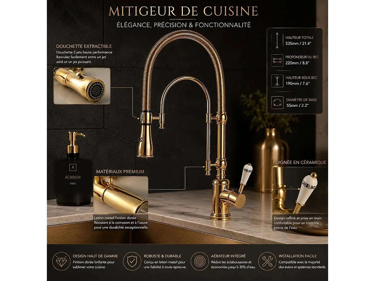 Robinet mitigeur évier cuisine style rétro doré, Spin