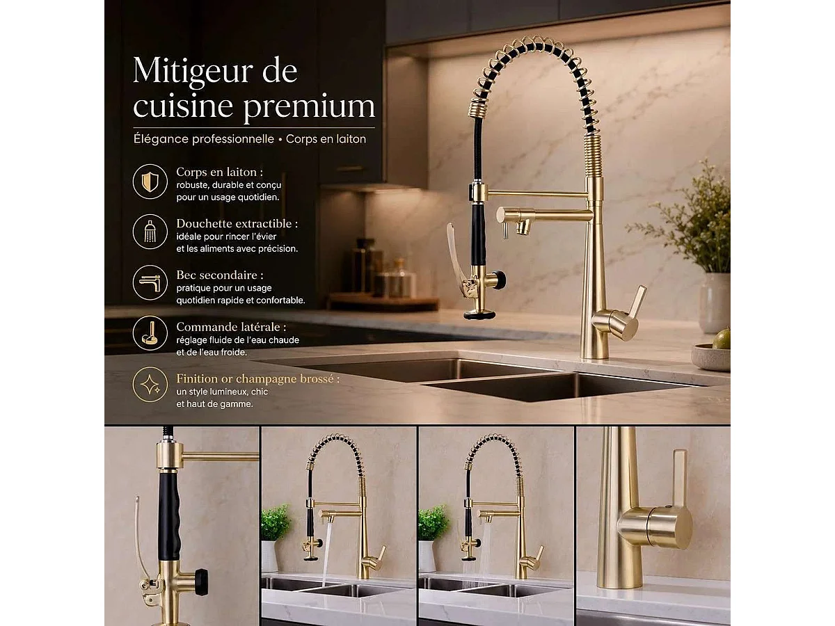 Mitigeur évier de cuisine semi pro surélevé doré, Artus