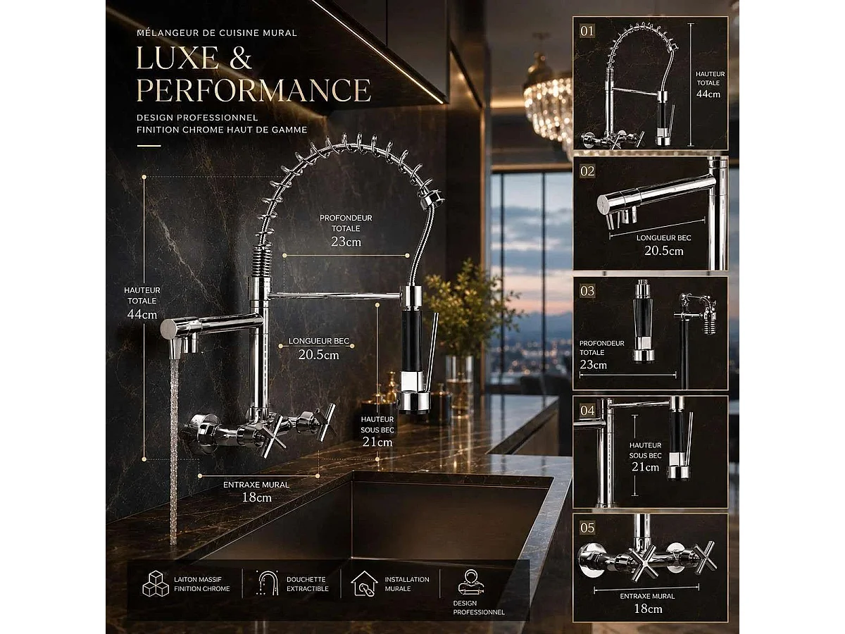 Robinet mélangeur de cuisine mural chrome, Bayon