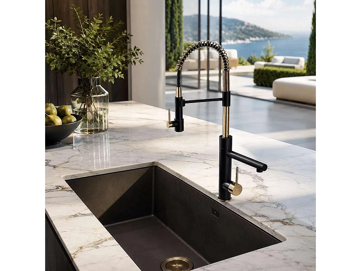 Robinet mitigeur de cuisine semi-pro surélevé noir/doré, Plastron
