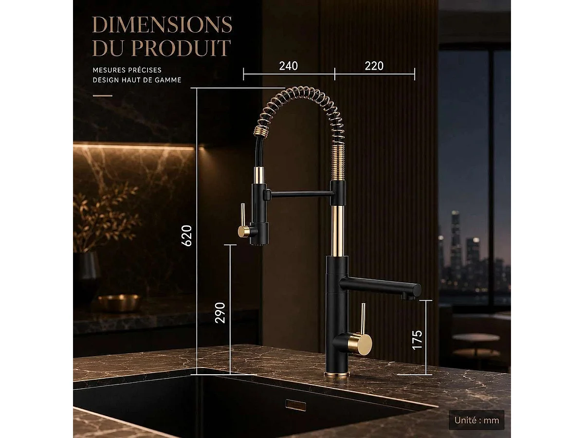 Robinet mitigeur de cuisine semi-pro surélevé noir/doré, Plastron