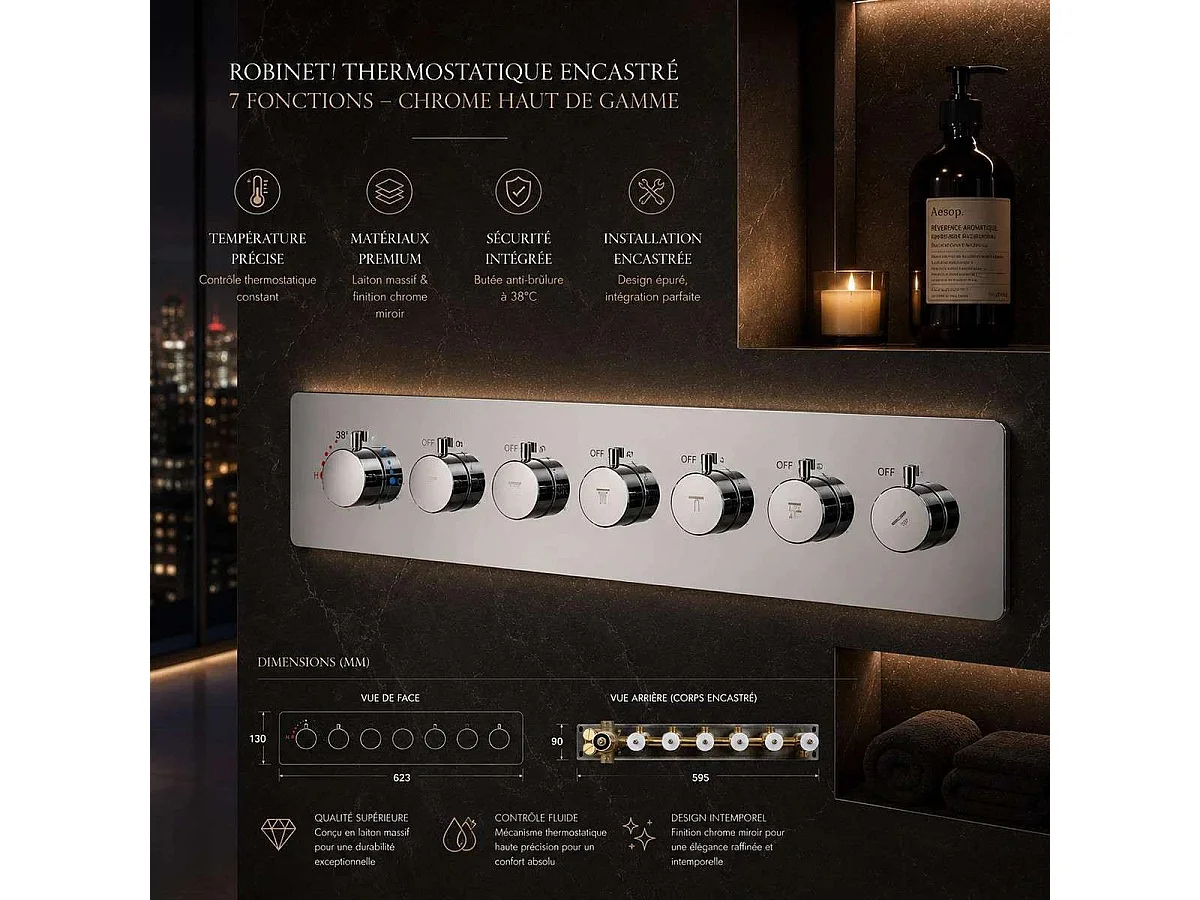 Mitigeur thermostatique de douche encastré 6 voies chrome, Hermès