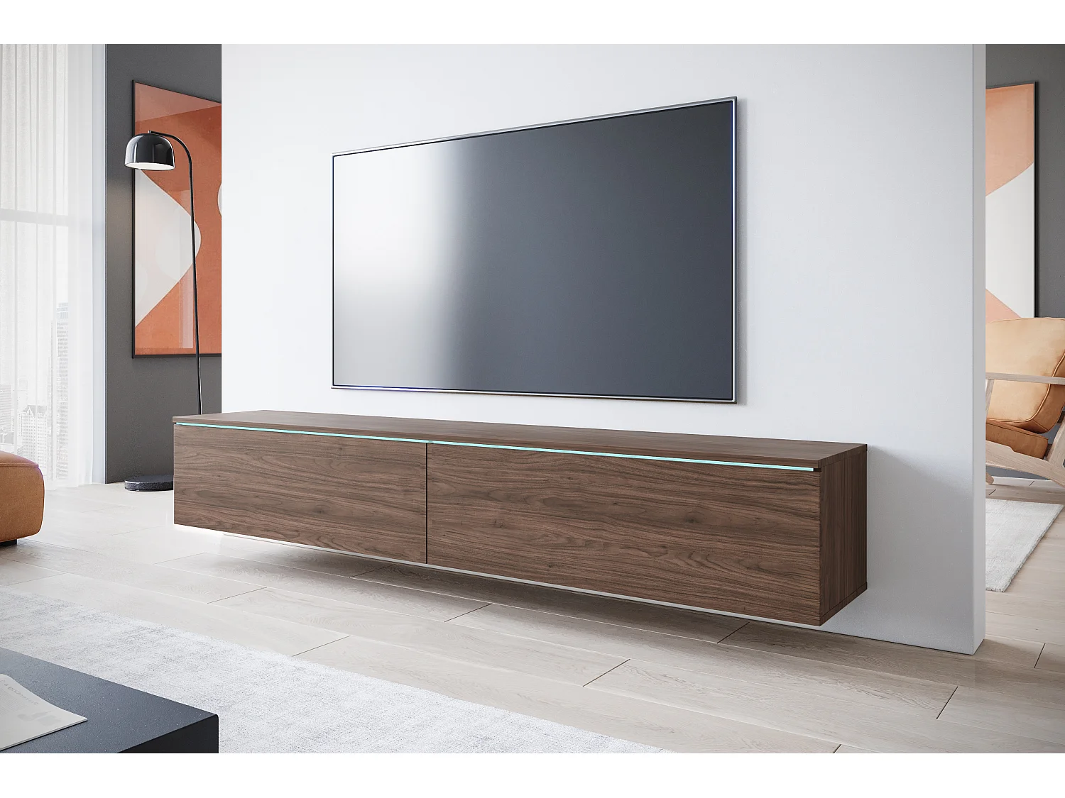 TV-Lowboard 180 cm, matt, stehend oder hängend, mit Beleuchtung, Nussbaum