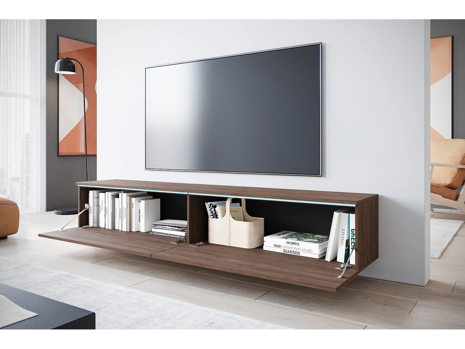 TV-Lowboard 180 cm, matt, stehend oder hängend, mit Beleuchtung, Nussbaum