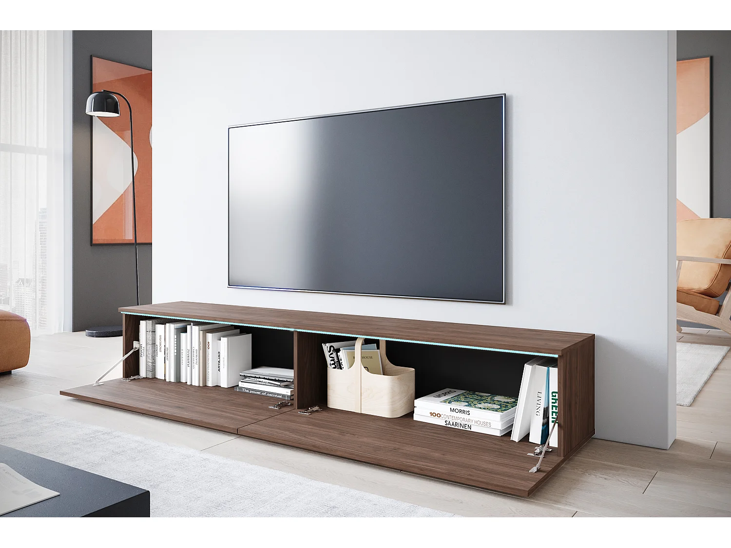 TV-Lowboard 180 cm, matt, stehend oder hängend, mit Beleuchtung, Nussbaum