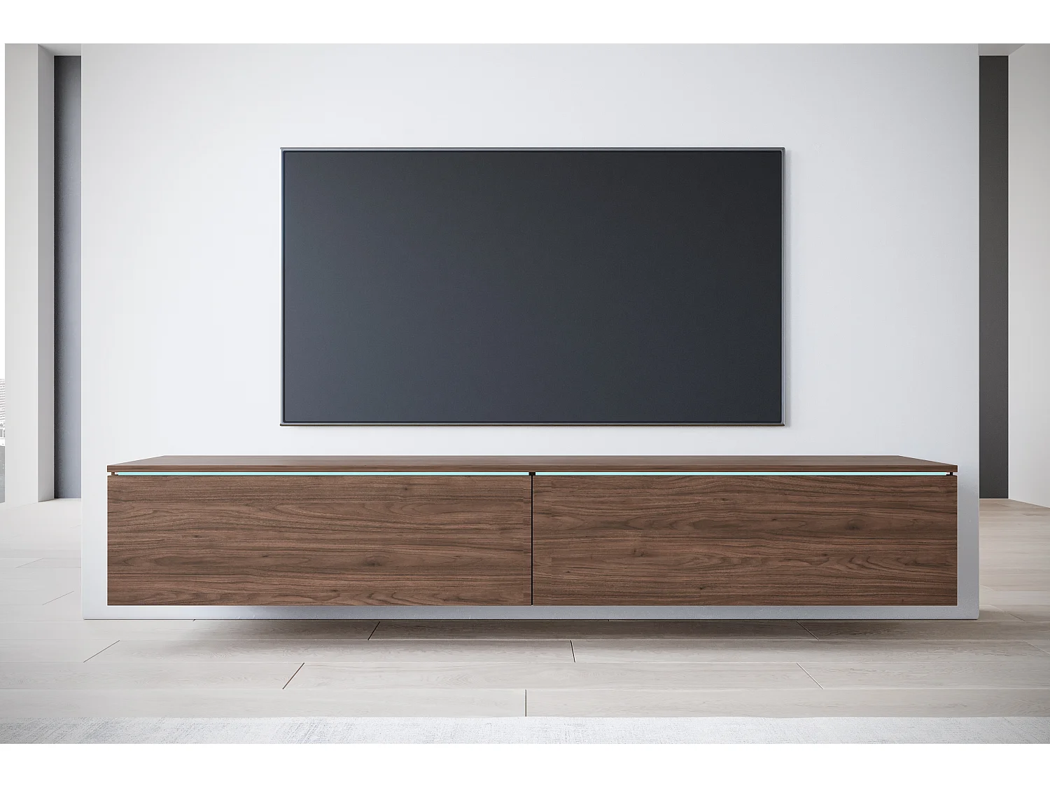 TV-Lowboard 180 cm, matt, stehend oder hängend, mit Beleuchtung, Nussbaum