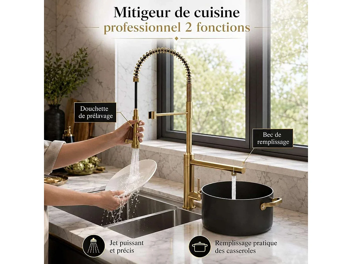 Mitigeur de cuisine haut avec douchette, doré Bisso