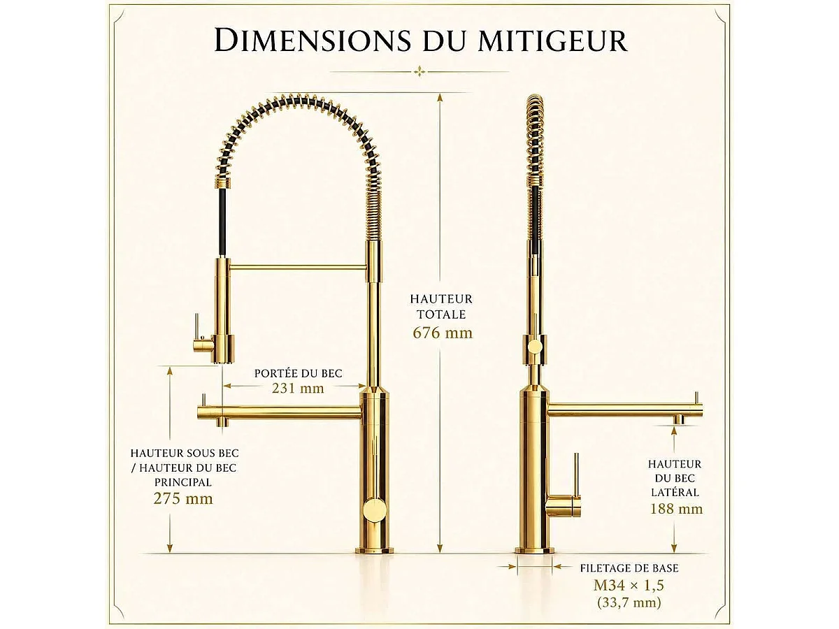 Mitigeur de cuisine haut avec douchette, doré Bisso