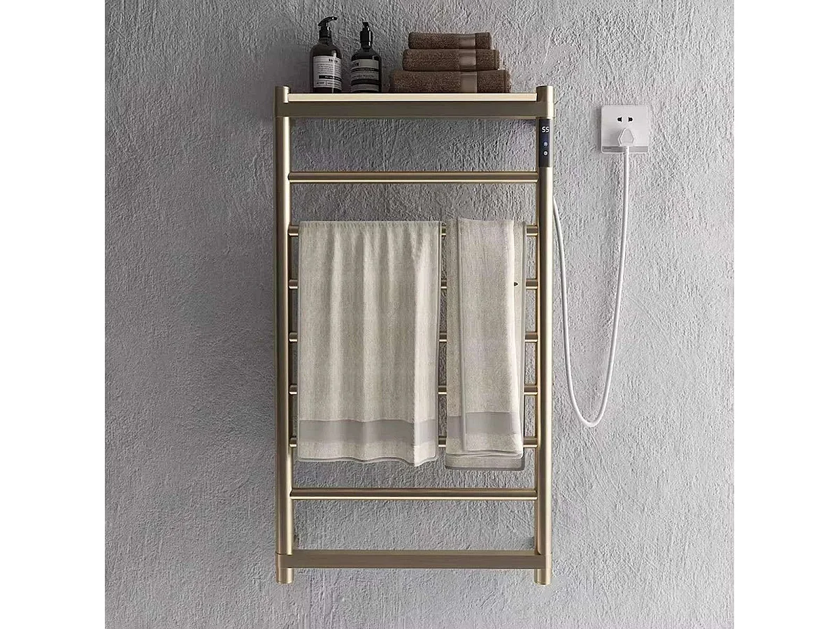 Sèche serviette électrique avec plateau doré brossé, Drop