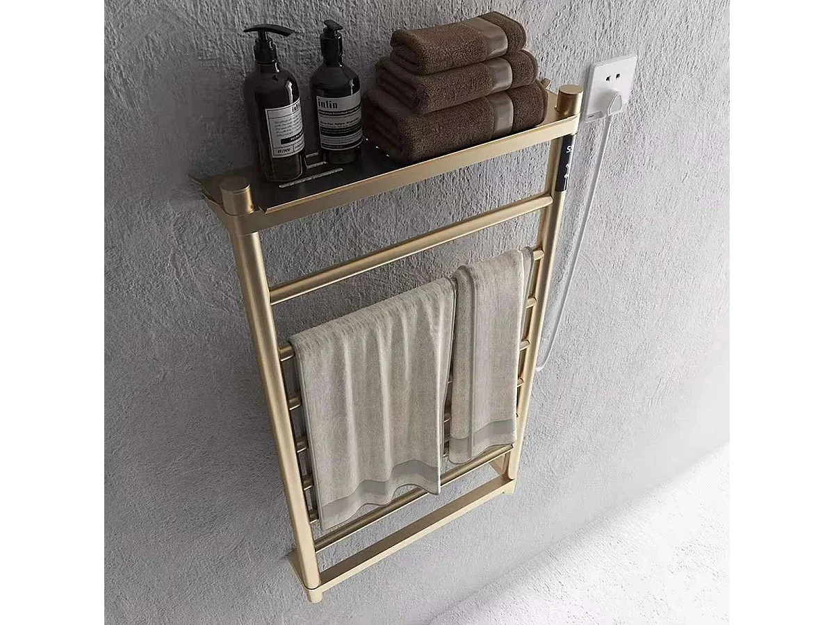 Sèche serviette électrique avec plateau doré brossé, Drop