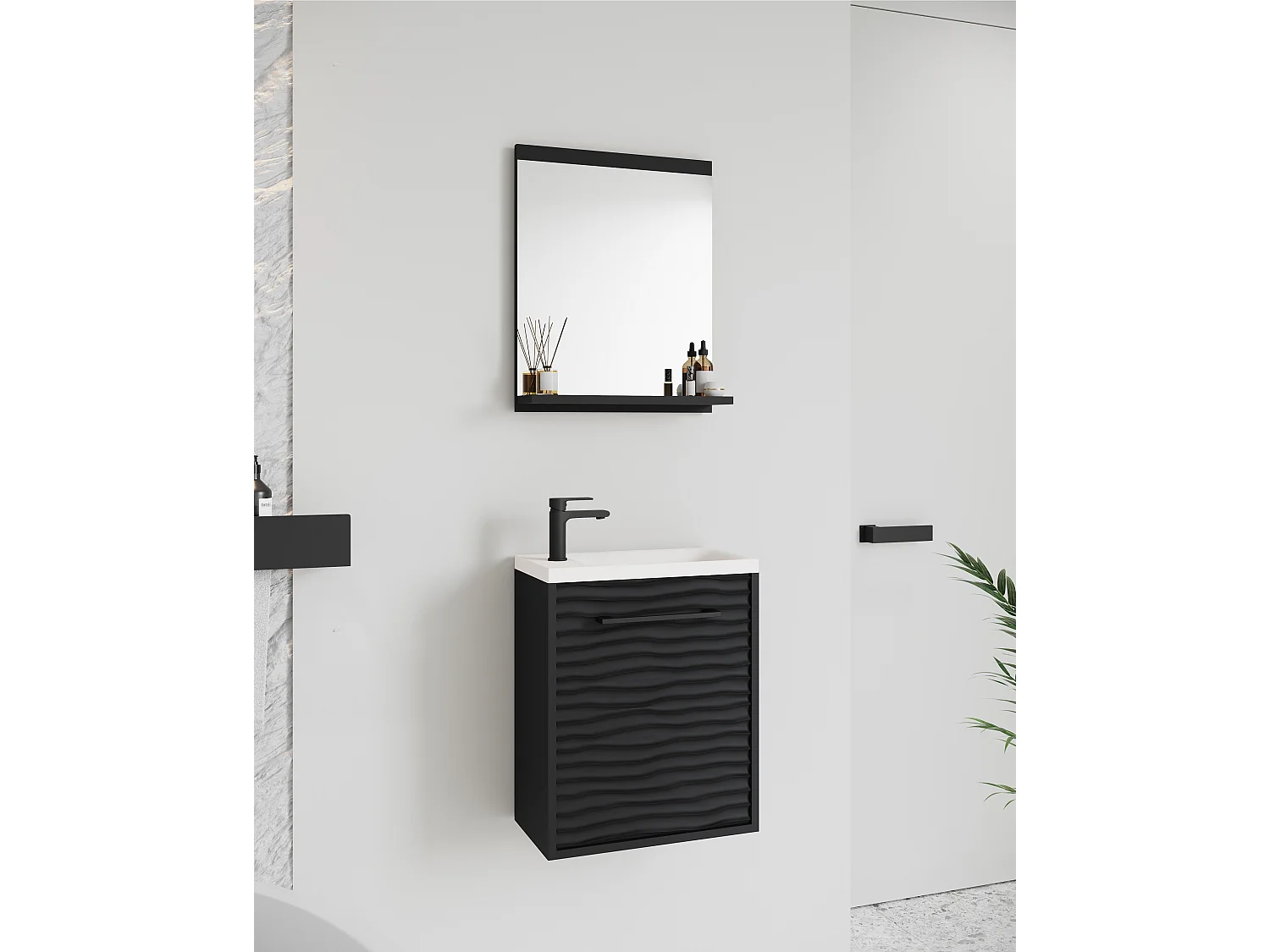 Hangende badkamermeubelset 40 cm, kast met wastafel + spiegel, zwart grafiet