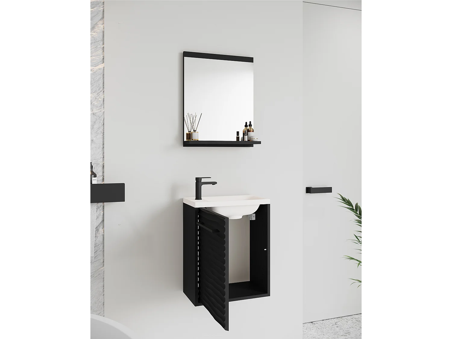 Hangende badkamermeubelset 40 cm, kast met wastafel + spiegel, zwart grafiet