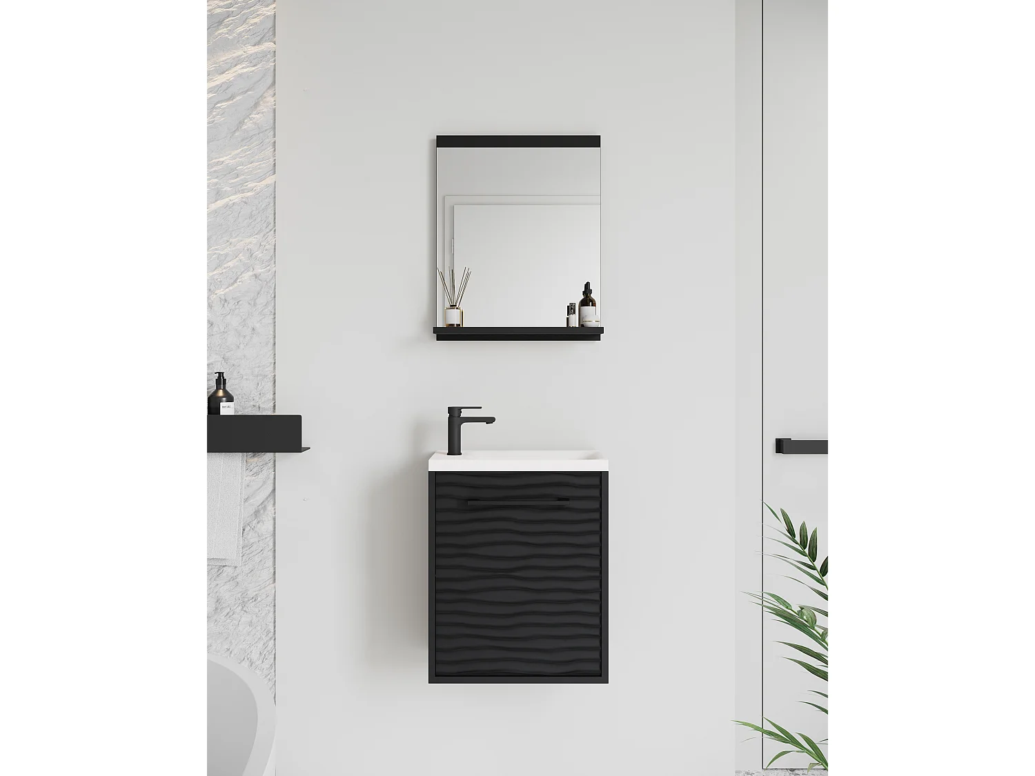 Hangende badkamermeubelset 40 cm, kast met wastafel + spiegel, zwart grafiet