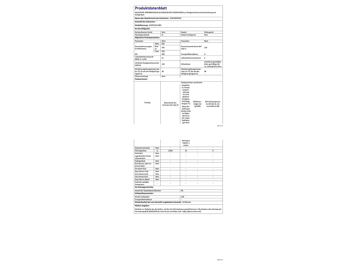 Wolkenstein Unterbau-Weinkühlschrank UWTS129-46ED EEK G (A bis G)