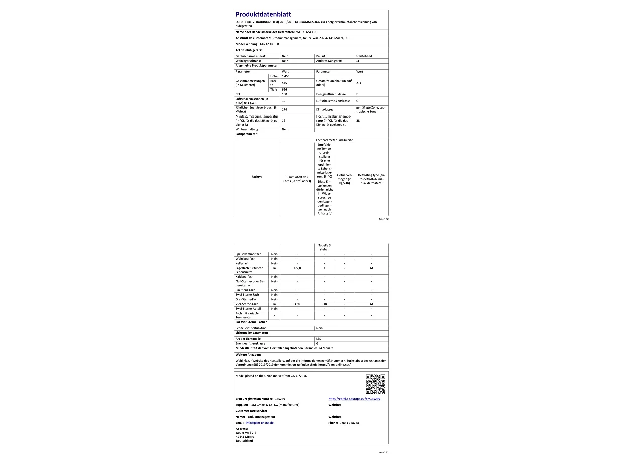 Wolkenstein Kühl-Gefrierkombination GK212.4RT FR EEK E (A bis G)