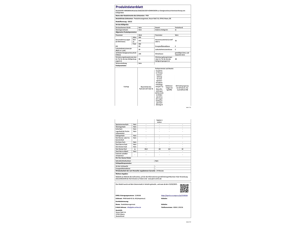 PKM Gefrierschrank GB32E EEK E (A bis G)