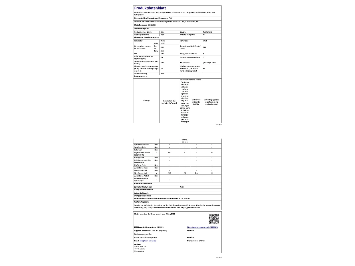 PKM Kühl-Gefrierkombination GK126EIX EEK E (A bis G)