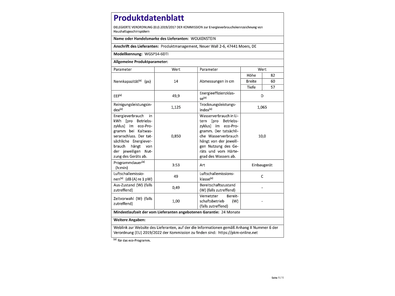 Wolkenstein Einbau-Geschirrspüler teilintegriert WGSP14-6DTI EEK D (A bis G)