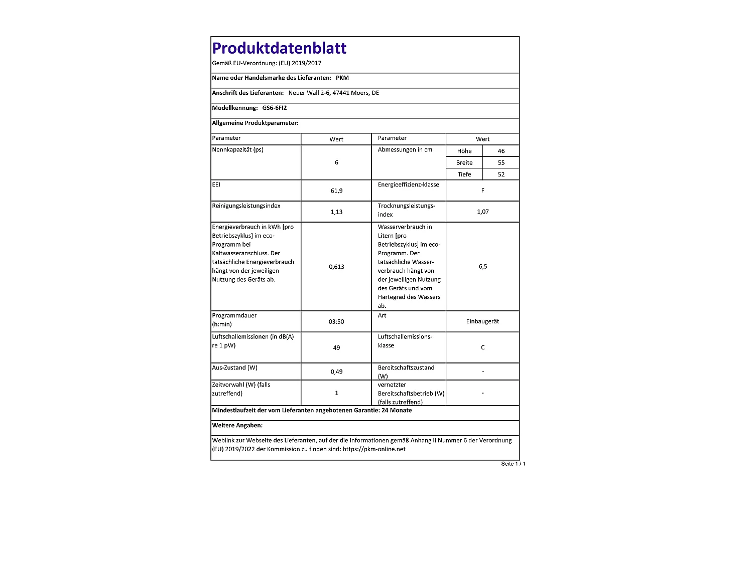 PKM Einbau-Geschirrspüler vollintegriert GS6-6FI2 EEK F (A bis G)