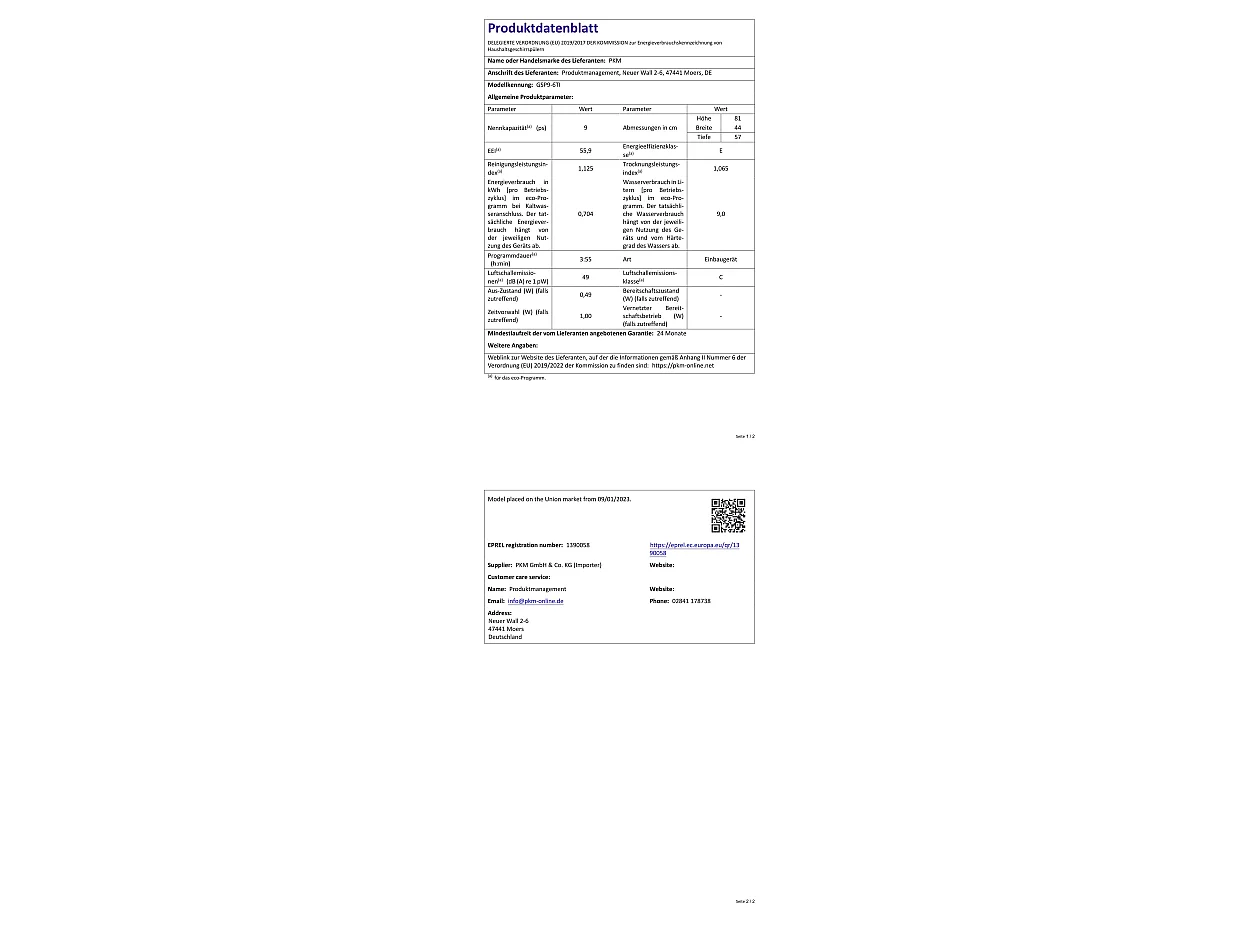 PKM Einbau-Geschirrspüler teilintegriert GSP9-6TI EEK E (A bis G)