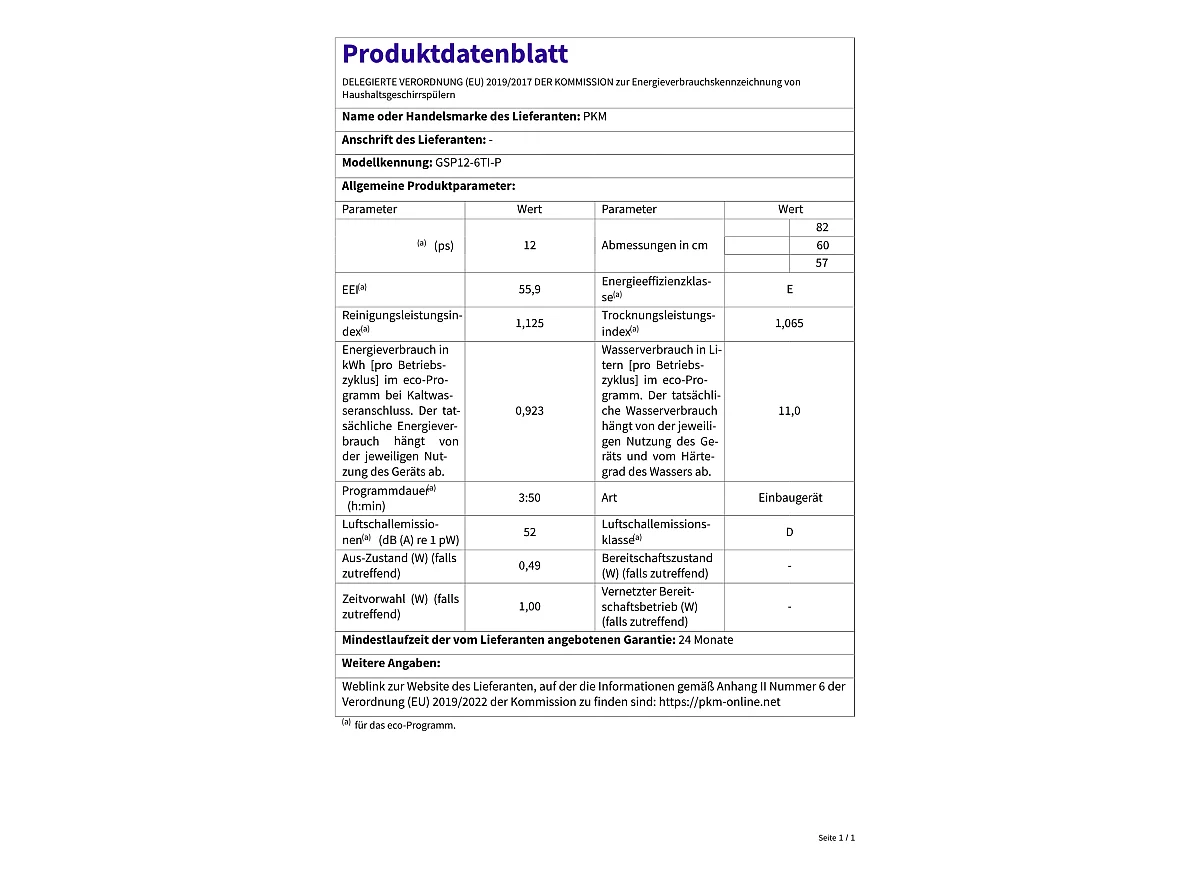 PKM Einbau-Geschirrspüler teilintegriert GSP12-6TI-P EEK E (A bis G)