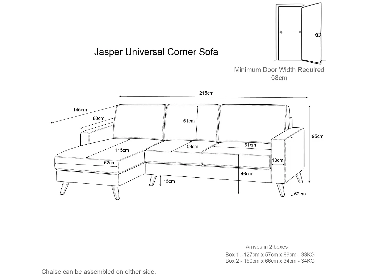 Jasper Dark Grey Universal Corner Sofa Reversible Chaise Woven Fabric