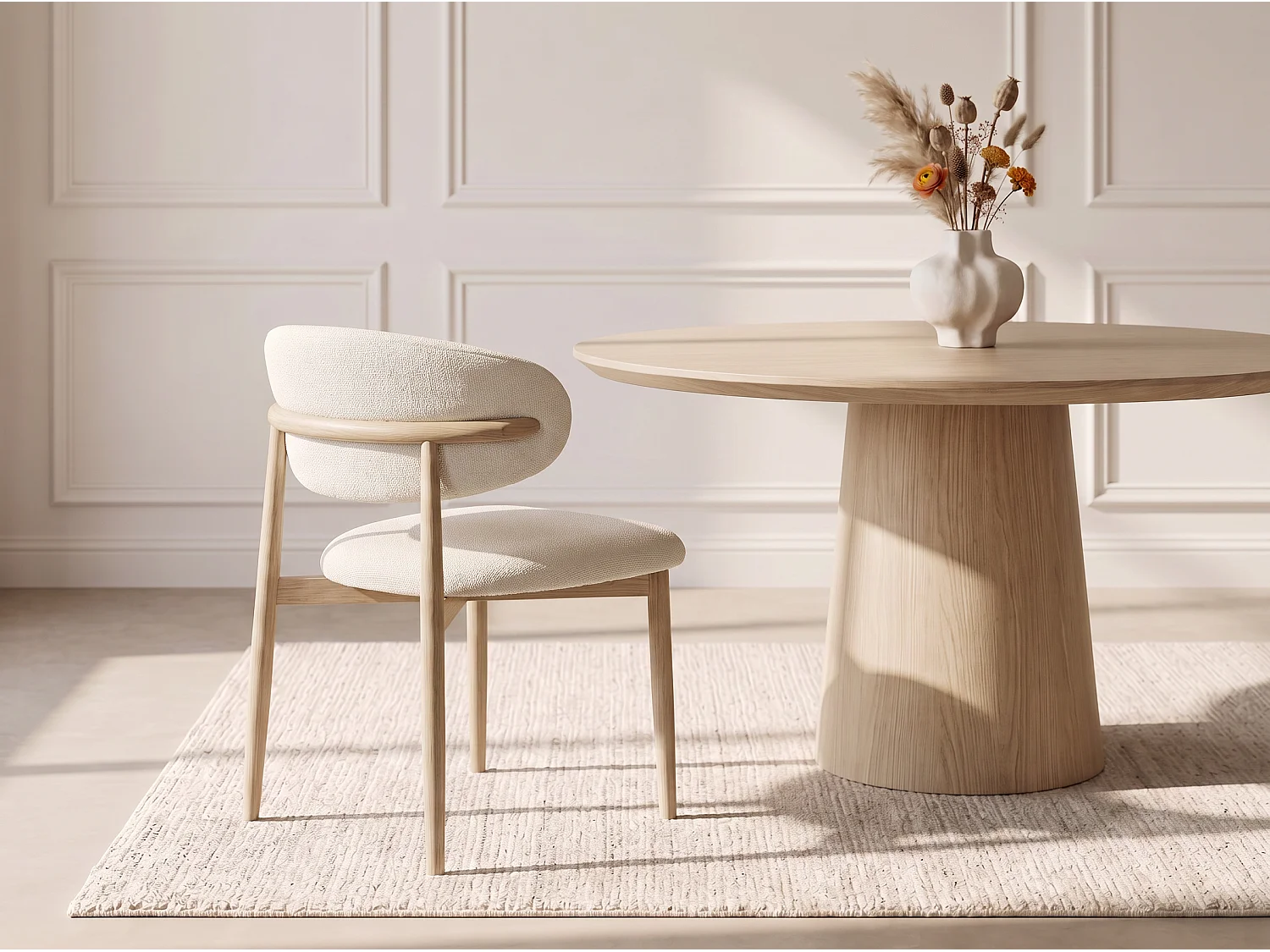 Lot de 4 chaises de salle à manger Lulu - Tissu Chenille Déperlant Blanc Cassé / Pieds finition Chêne