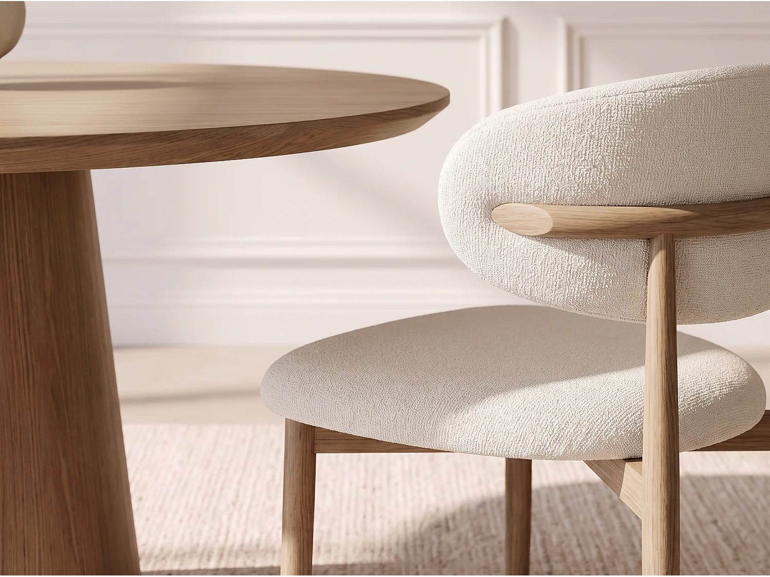Lot de 4 chaises de salle à manger Lulu - Tissu Chenille Déperlant Blanc Cassé / Pieds finition Chêne