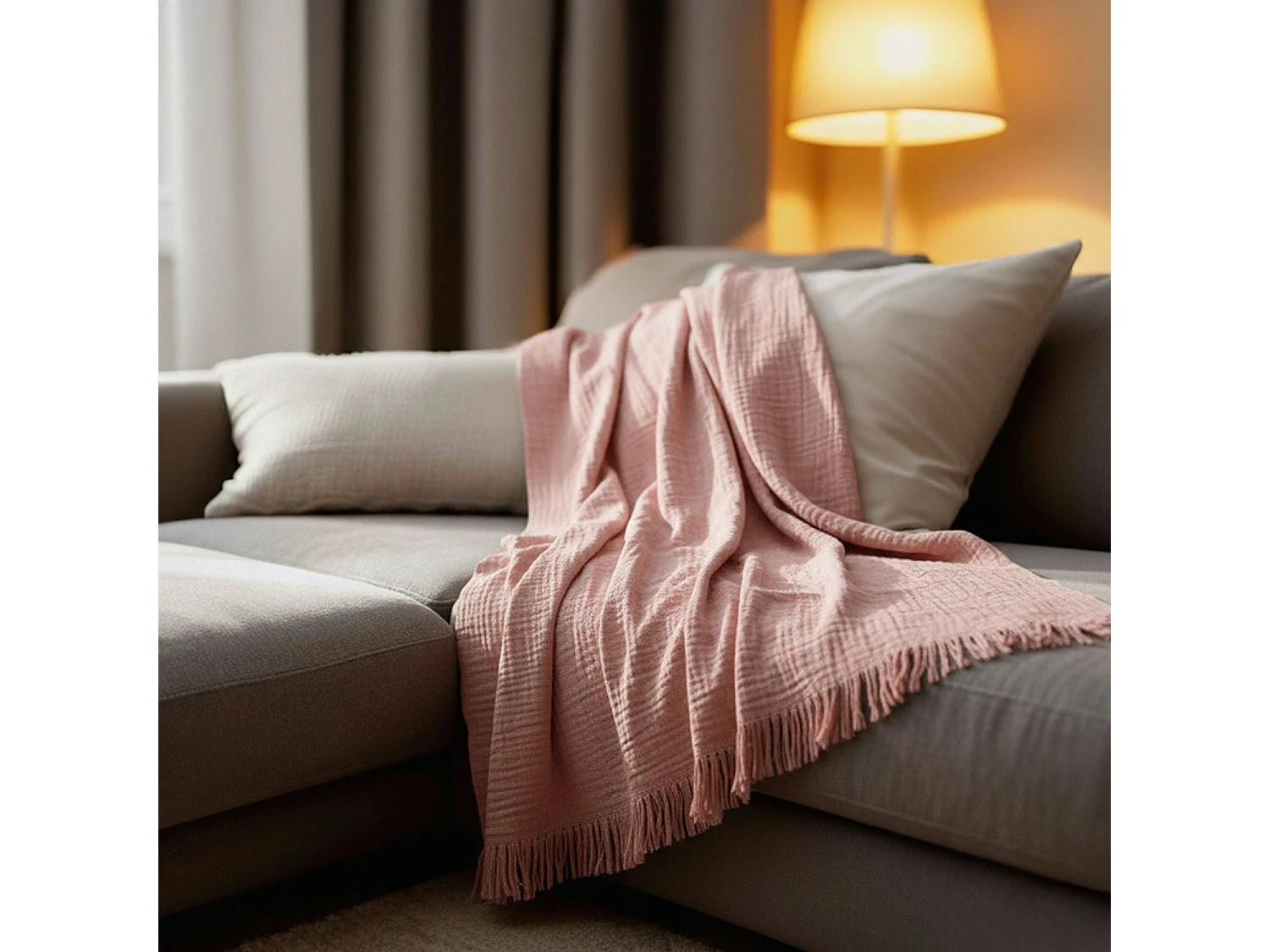 Couverture plaid 100% coton rose saumon avec franges 180x220cm BITALD - SACASA