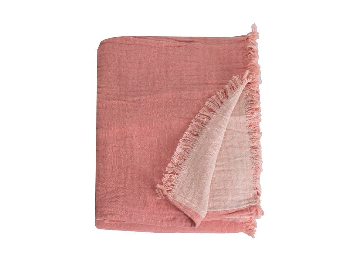 Couverture plaid 100% coton rose saumon avec franges 180x220cm BITALD - SACASA