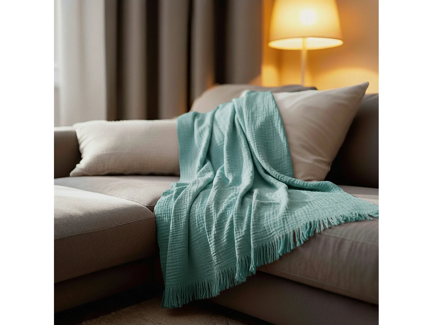 Couverture plaid 100% coton bleu turquoise avec franges 130x170cm BITALD - SACASA