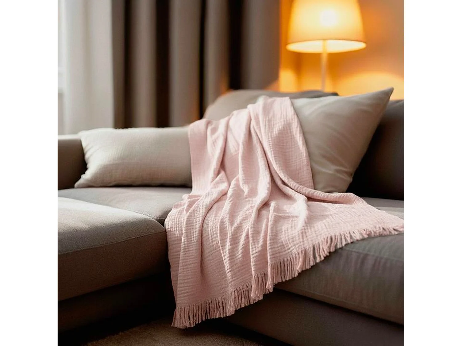 Couverture plaid 100% coton rose pâle avec franges 130x170cm BITALD - SACASA