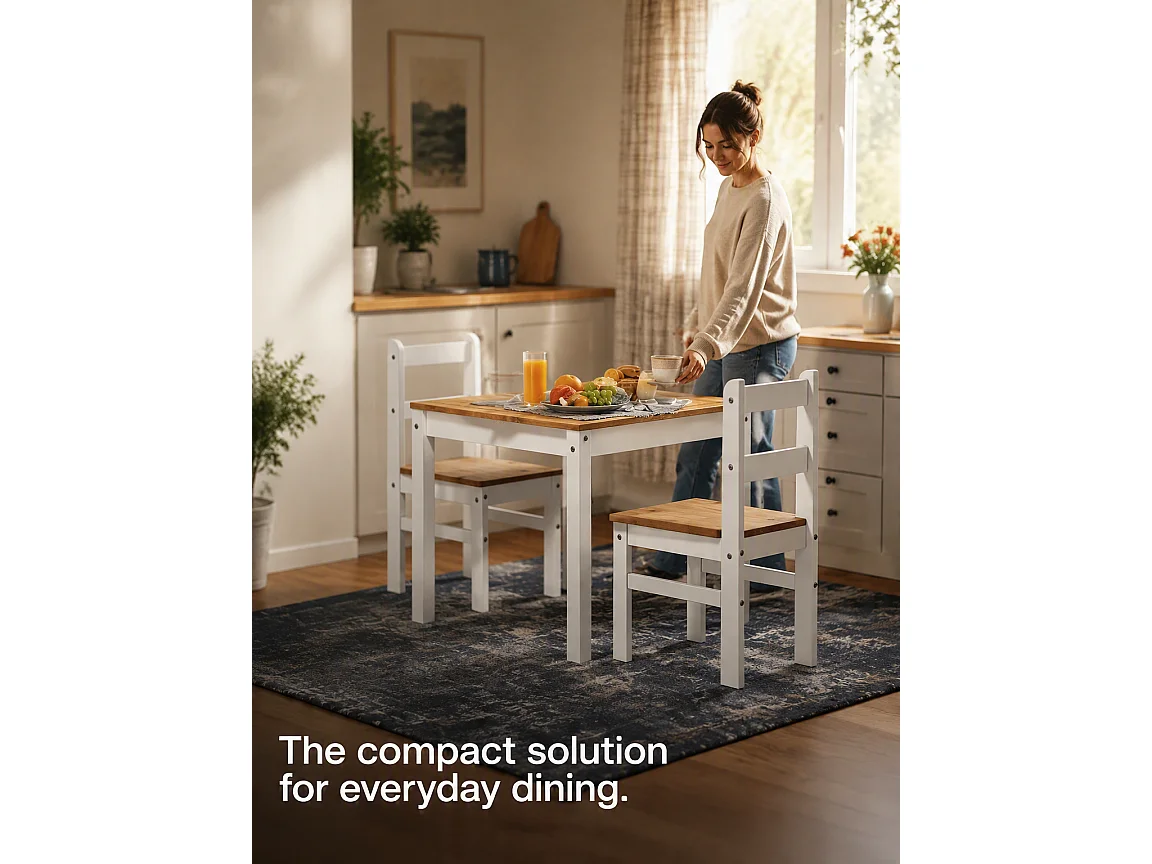 Mercers Furniture Corona White Wax Rio Dining Set Table and 2 Chairs Small Square Solid Wood Mexican Pine Wooden Kitchen