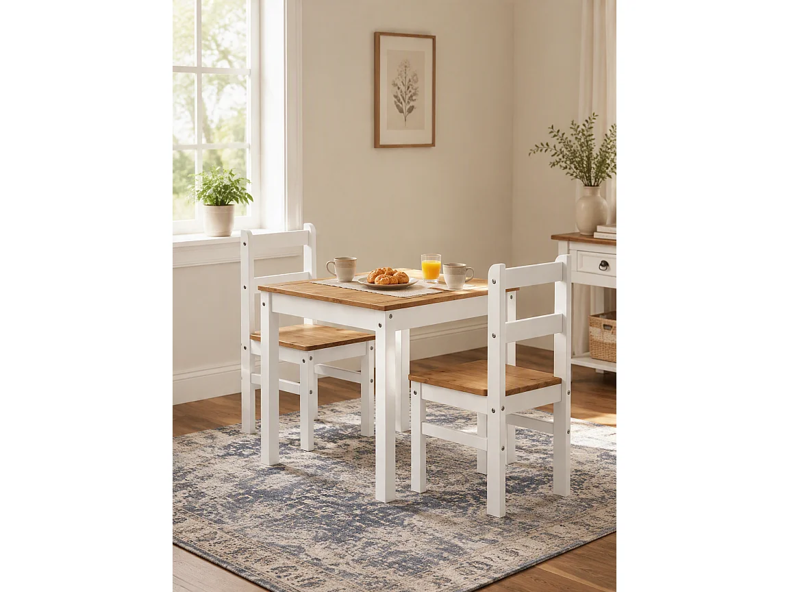 Mercers Furniture Corona White Wax Rio Dining Set Table and 2 Chairs Small Square Solid Wood Mexican Pine Wooden Kitchen