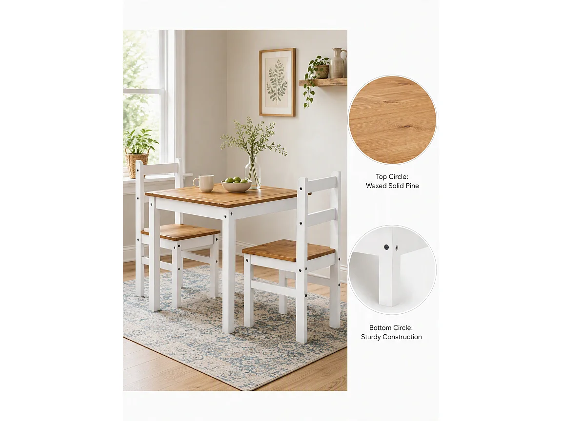 Mercers Furniture Corona White Wax Rio Dining Set Table and 2 Chairs Small Square Solid Wood Mexican Pine Wooden Kitchen