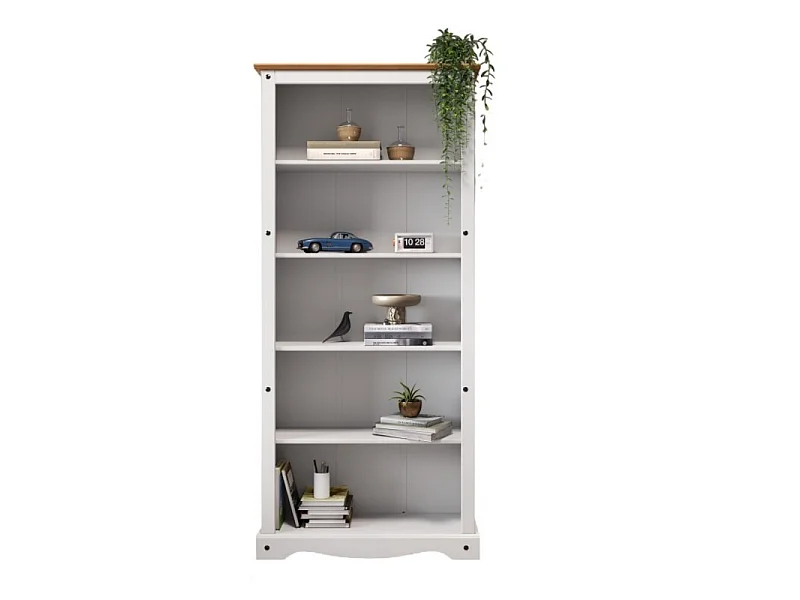 Mercers Furniture Corona White Large Bookcase Tall 5 Shelf Open Display Solid Wood Pine Wooden with Mexican Styling