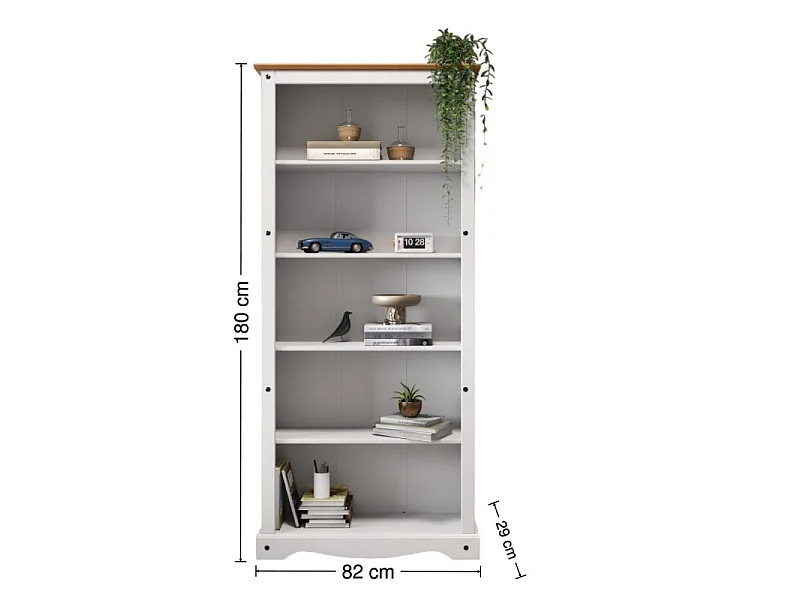 Mercers Furniture Corona White Large Bookcase Tall 5 Shelf Open Display Solid Wood Pine Wooden with Mexican Styling