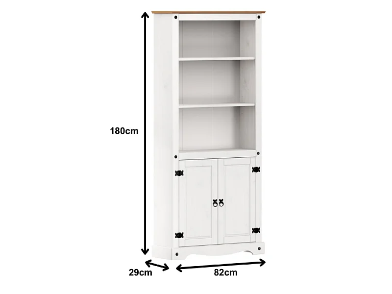 Mercers Furniture Corona White 2 Door Large Bookcase 4 Shelf Display Cabinet Solid Wood Pine Wooden with Mexican Styling