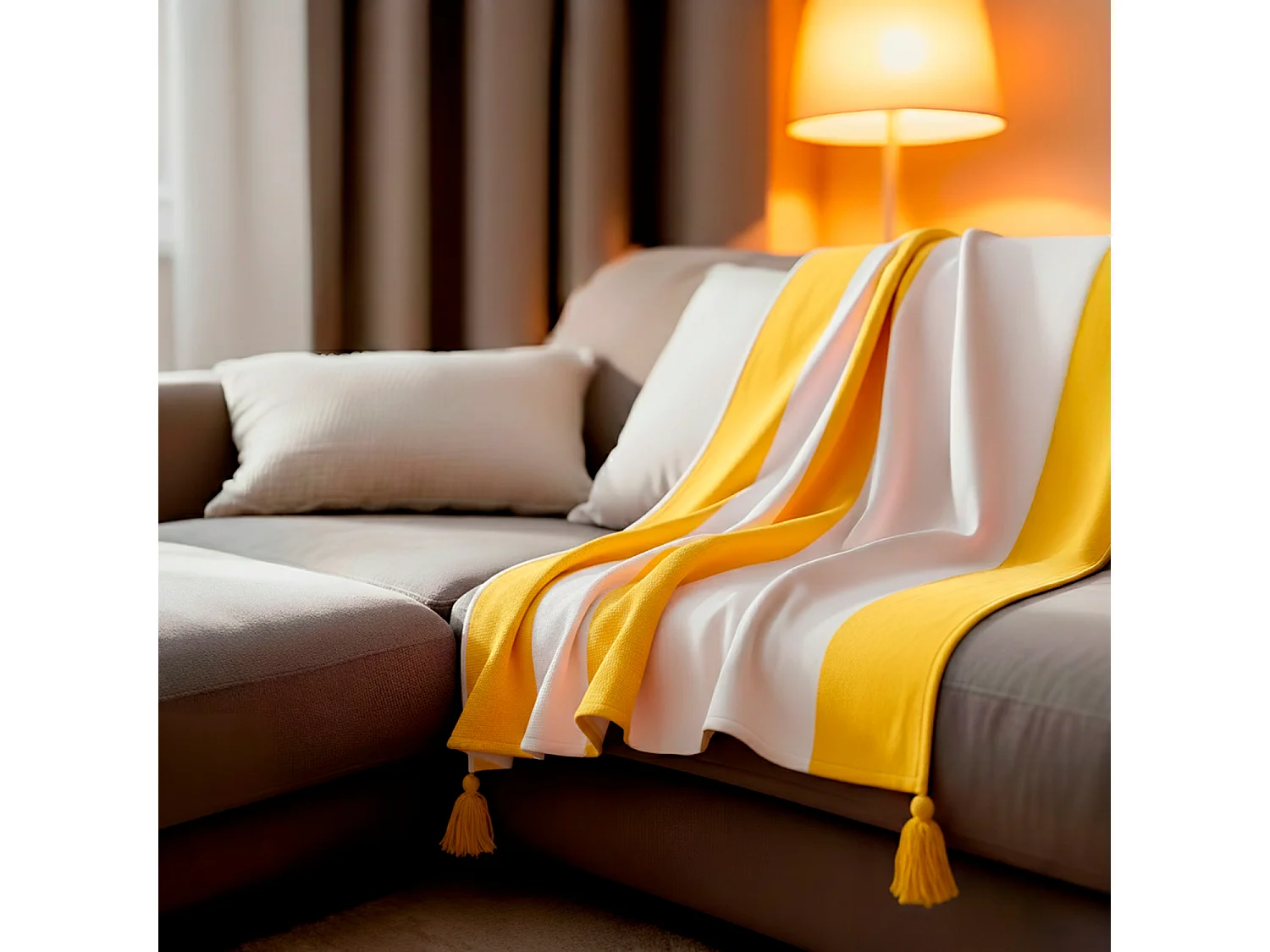 Couverture plaid 100% coton jaune avec pompons 130x170cm SLAVANN - SACASA