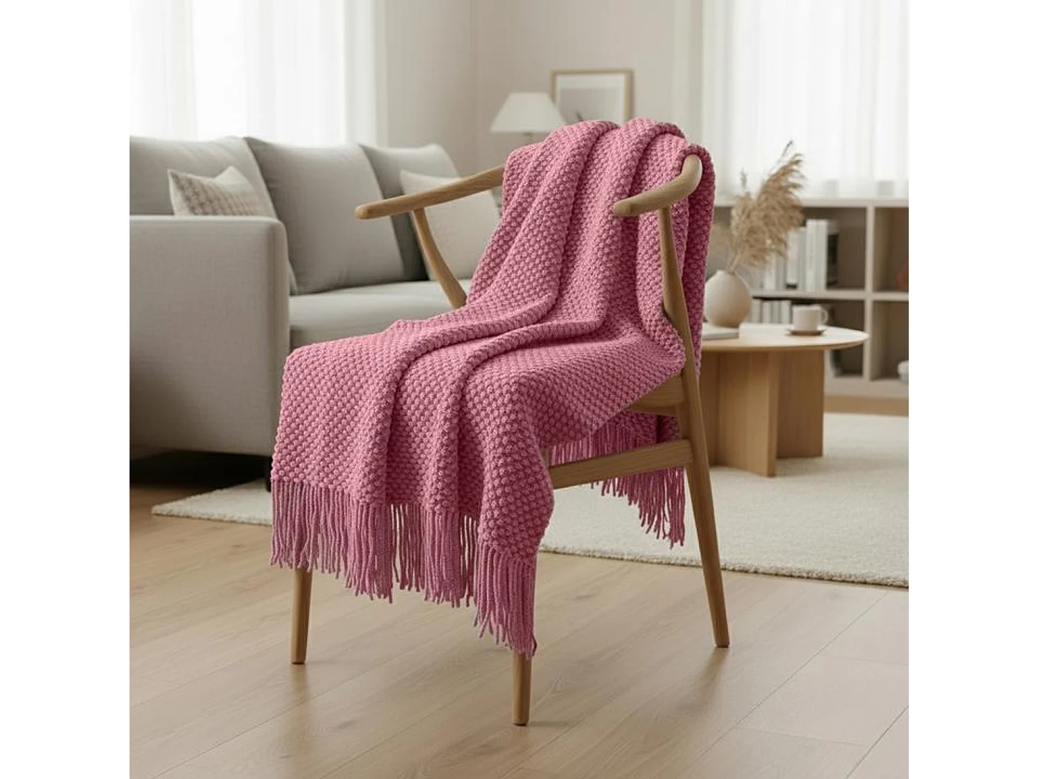 Plaid rose framboise texture nid d'abeille et frangée 180x220 cm DENARLA - SACASA