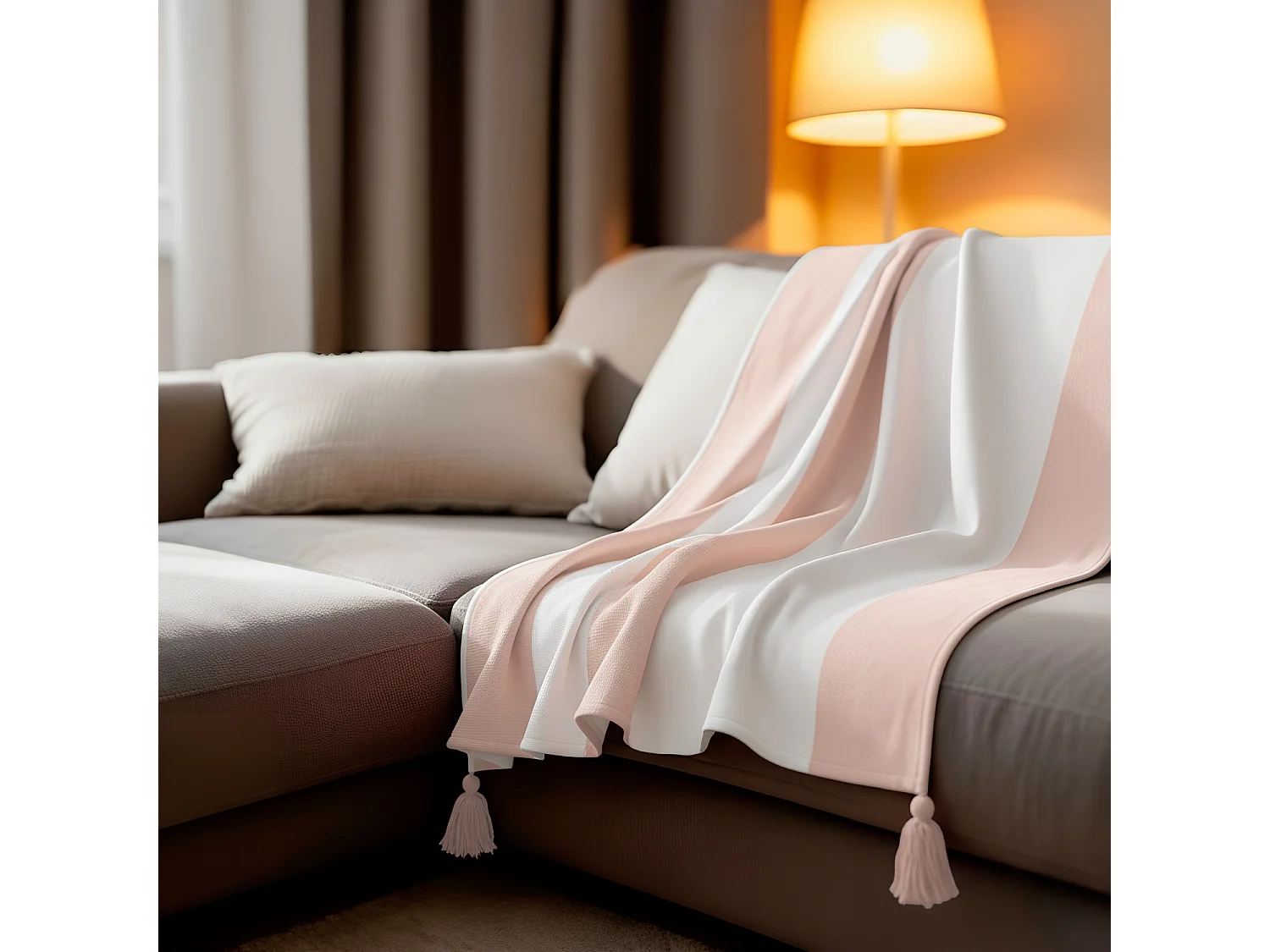 Couverture plaid 100% coton rose pâle avec pompons 130x170cm SLAVANN - SACASA