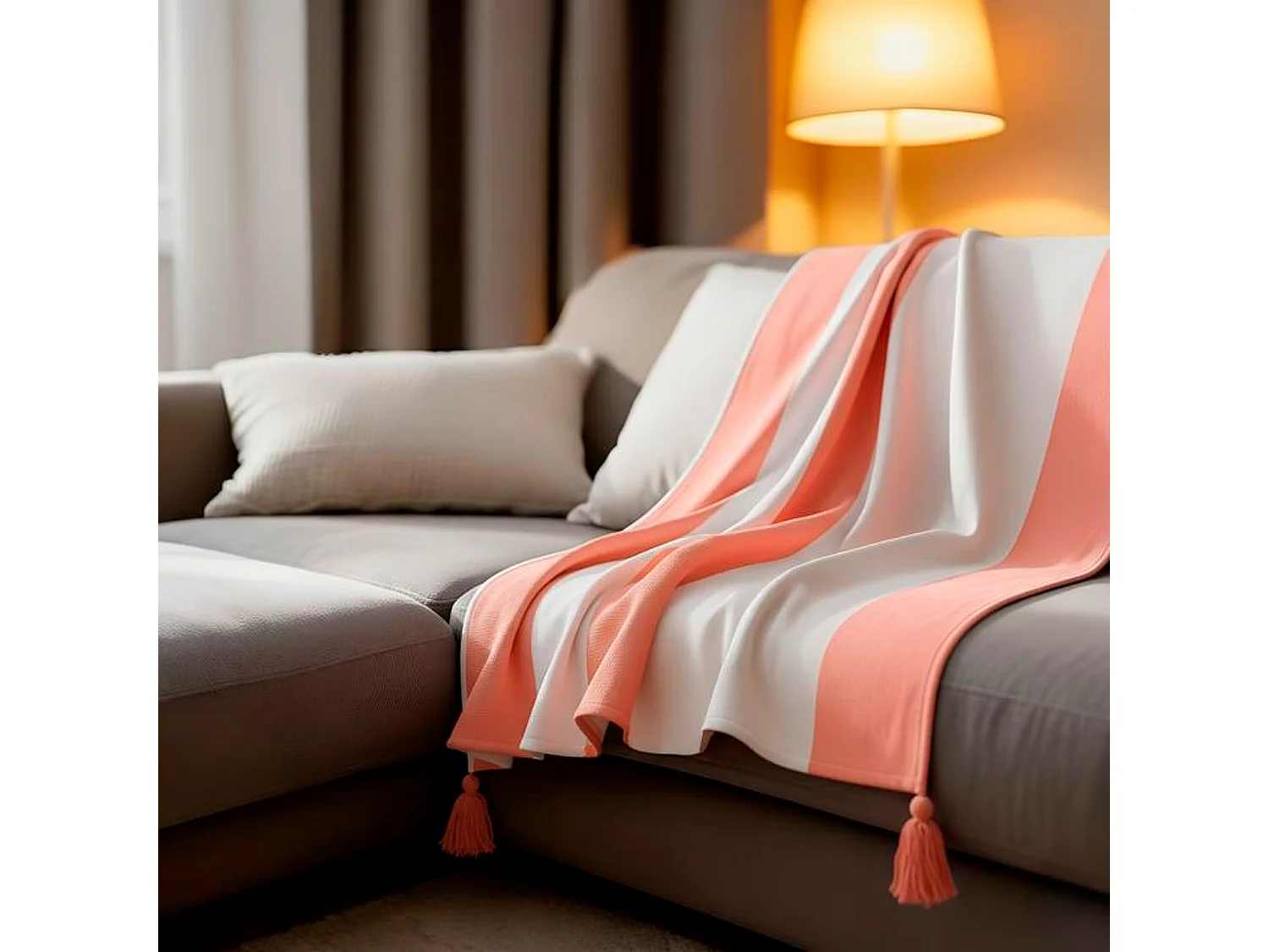 Couverture plaid 100% coton rose saumon avec pompons 130x170cm SLAVANN - SACASA