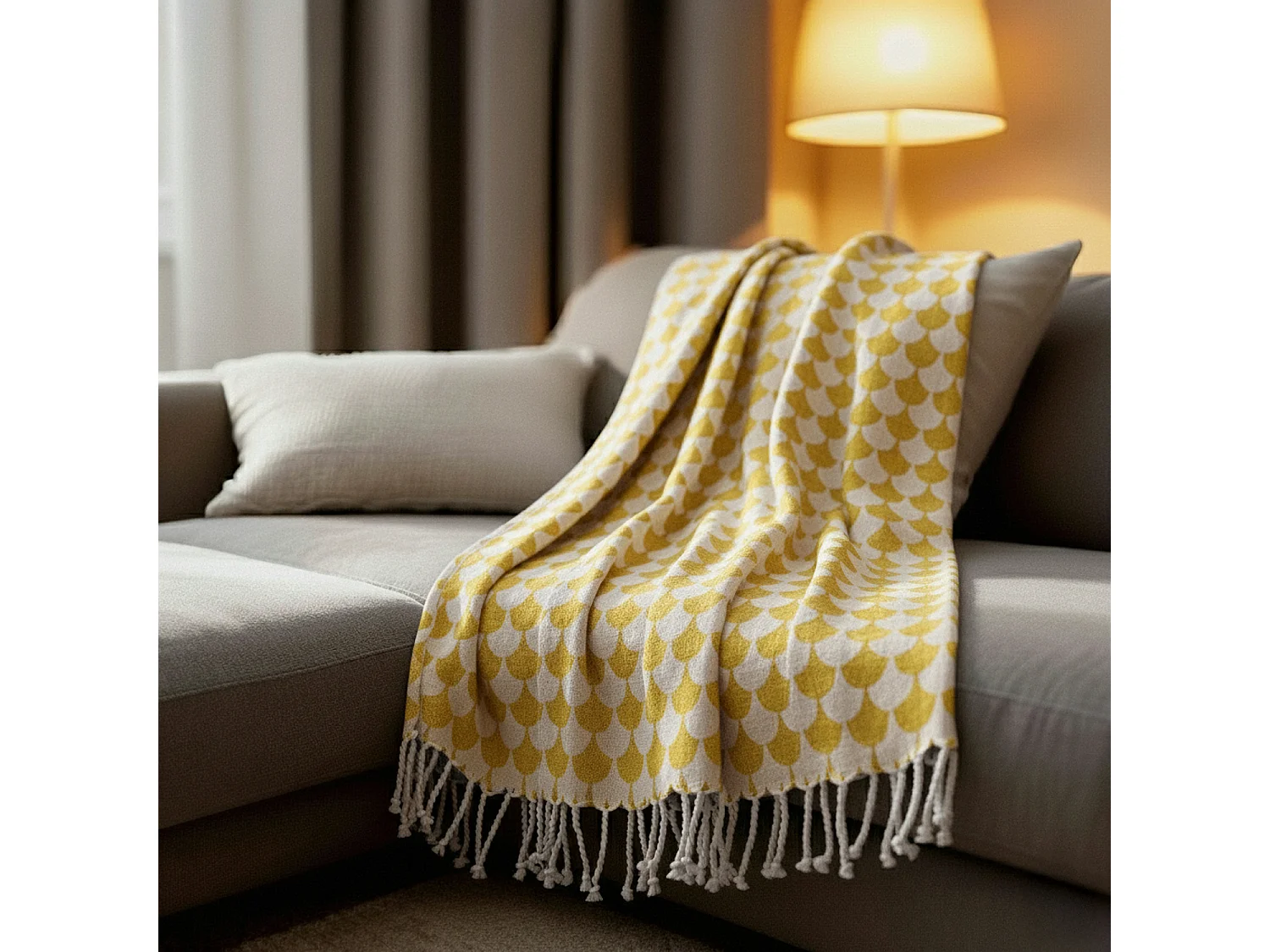 Plaid jaune et blanc avec franges 130x170cm DROP - SACASA