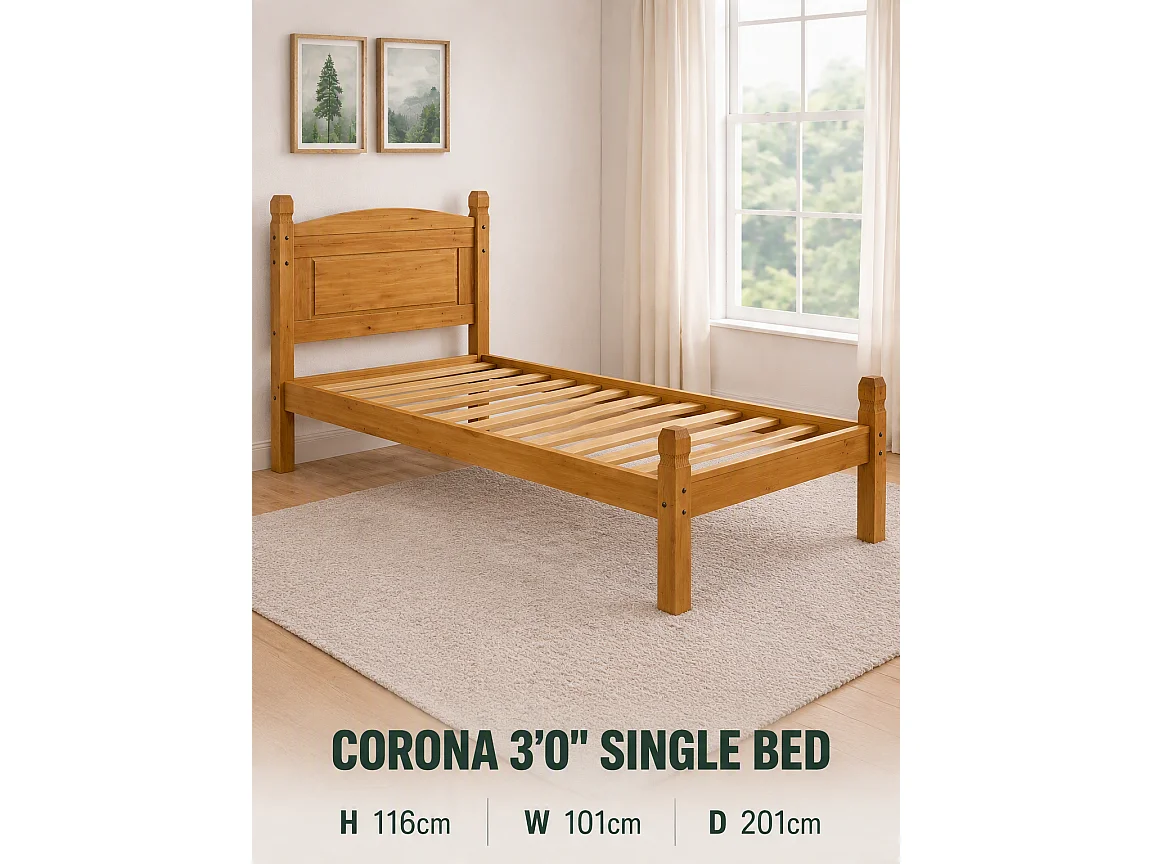 Mercers Furniture Corona 3'0 Single Low Foot End Bed Frame Solid Wood Pine Wooden Bedroom with Mexican Styling