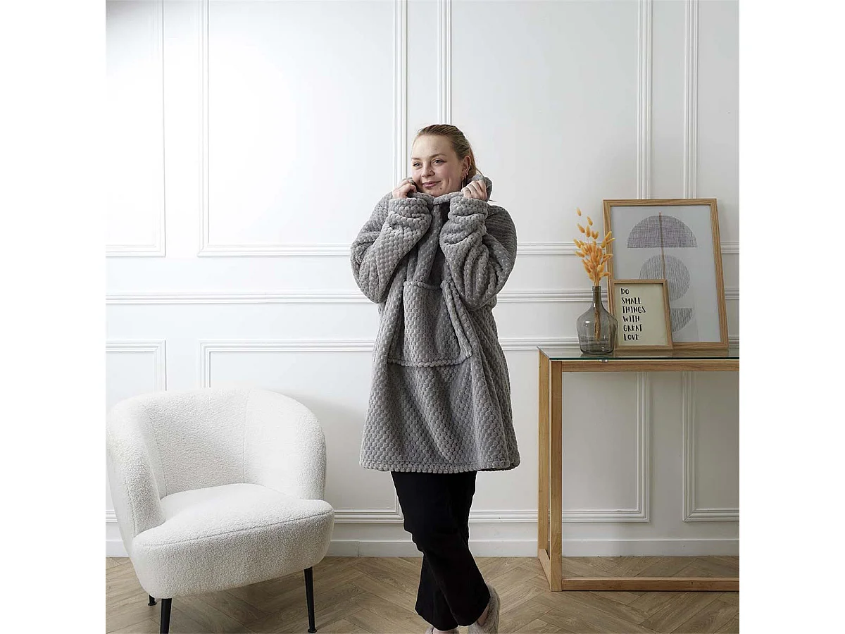 Sweat à Capuche Plaid Ultra Doux Effet Nid d'Abeille Gris Intérieur Sherpa - GAYA