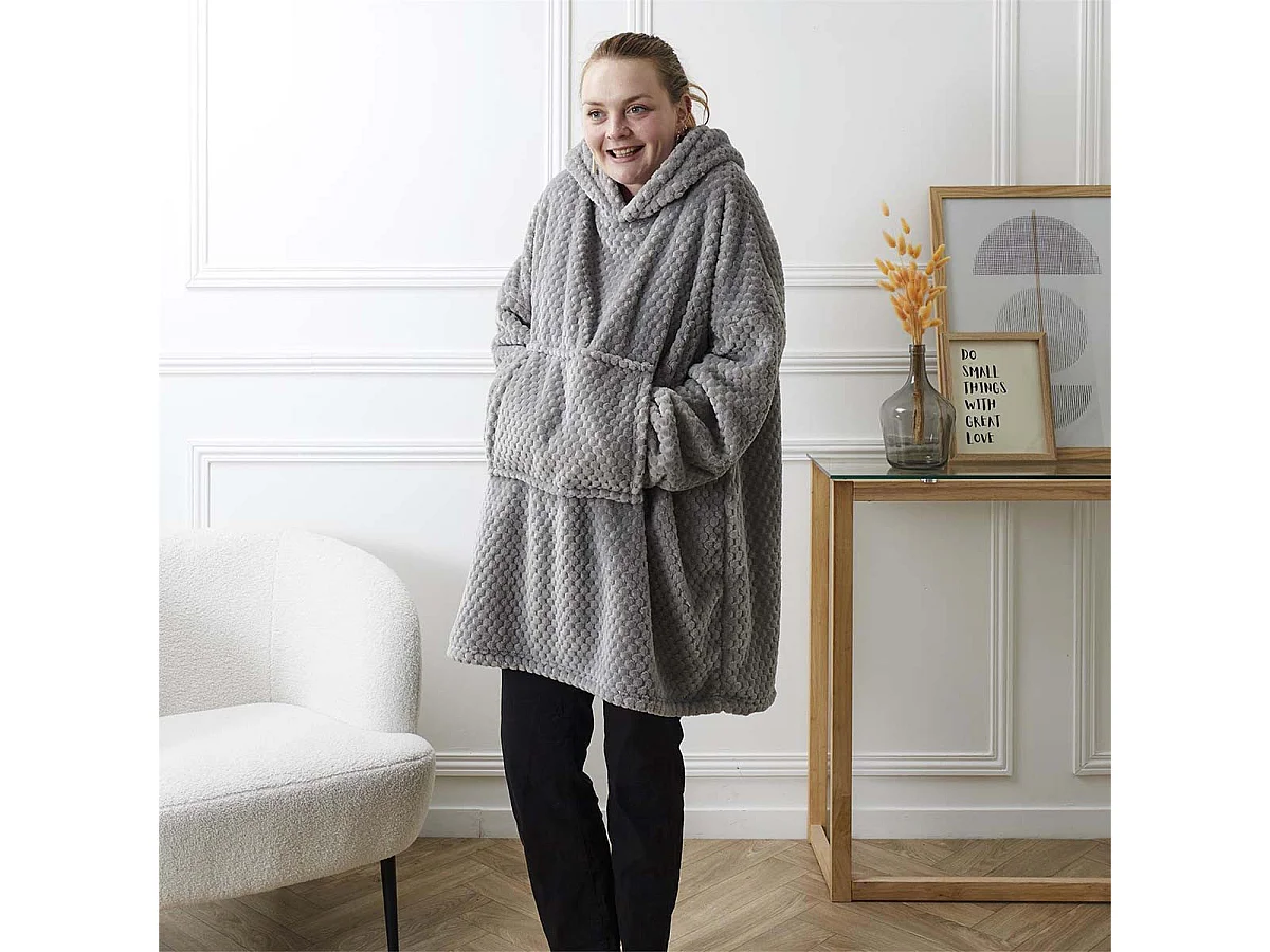 Sweat à Capuche Plaid Ultra Doux Effet Nid d'Abeille Gris Intérieur Sherpa - GAYA