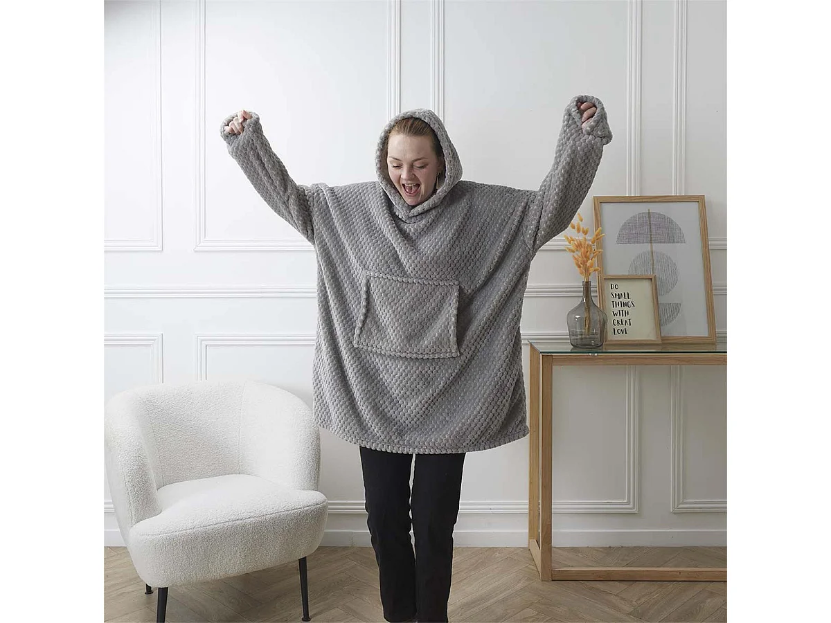 Sweat à Capuche Plaid Ultra Doux Effet Nid d'Abeille Gris Intérieur Sherpa - GAYA