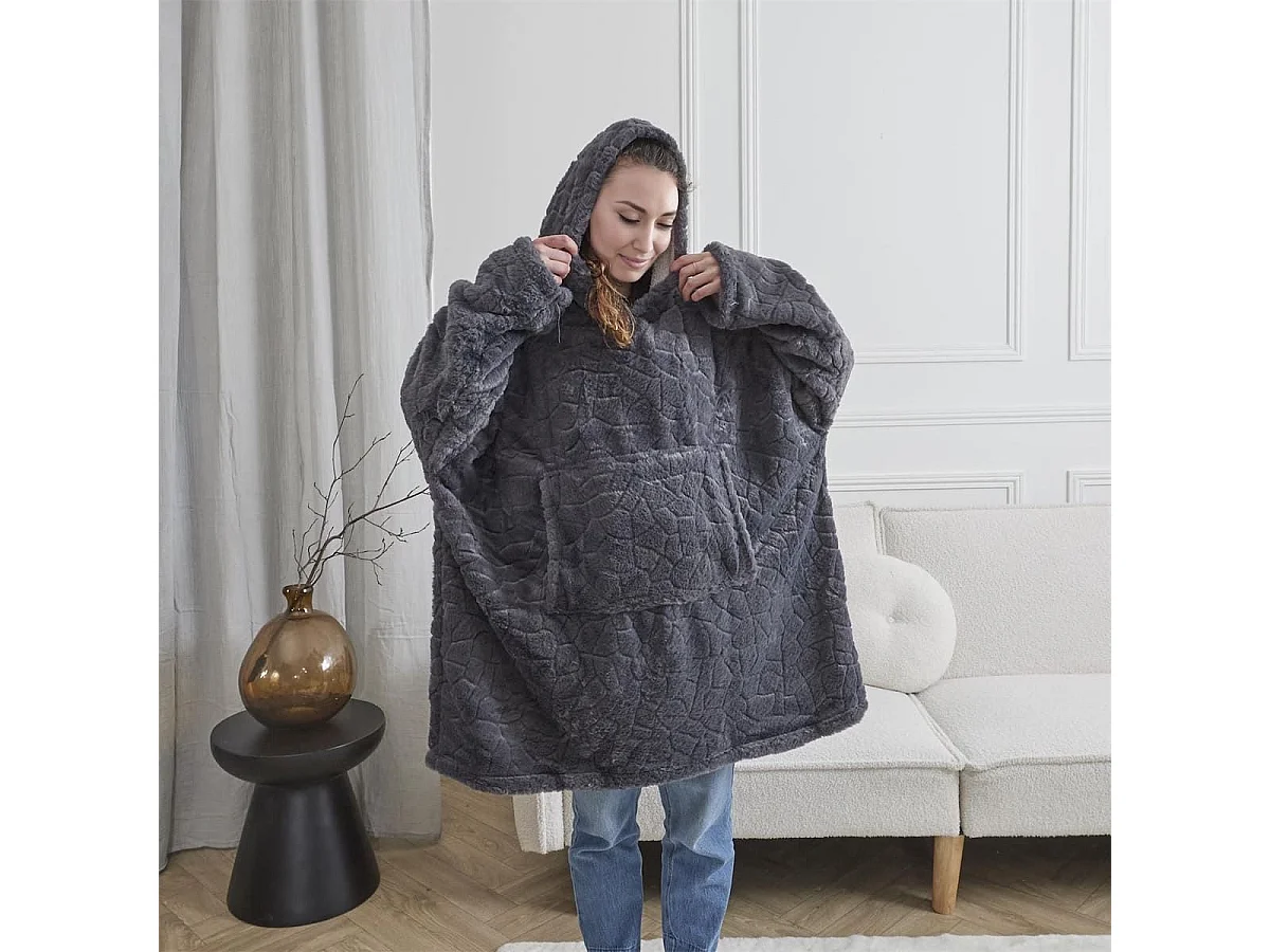 Sweat à Capuche Plaid Ultra Doux Effet Nid d'Abeille Gris Anthracite Intérieur Sherpa - GAYA