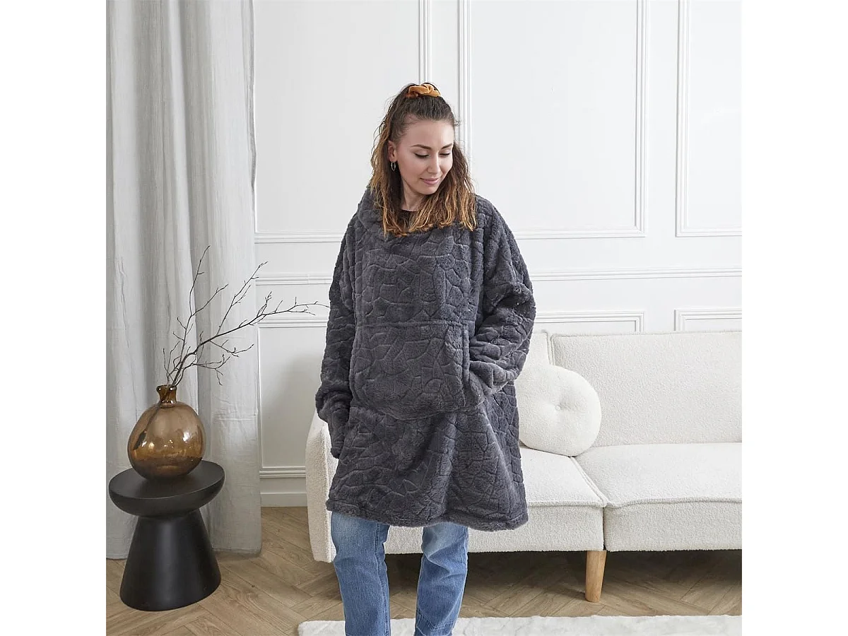 Sweat à Capuche Plaid Ultra Doux Effet Nid d'Abeille Gris Anthracite Intérieur Sherpa - GAYA