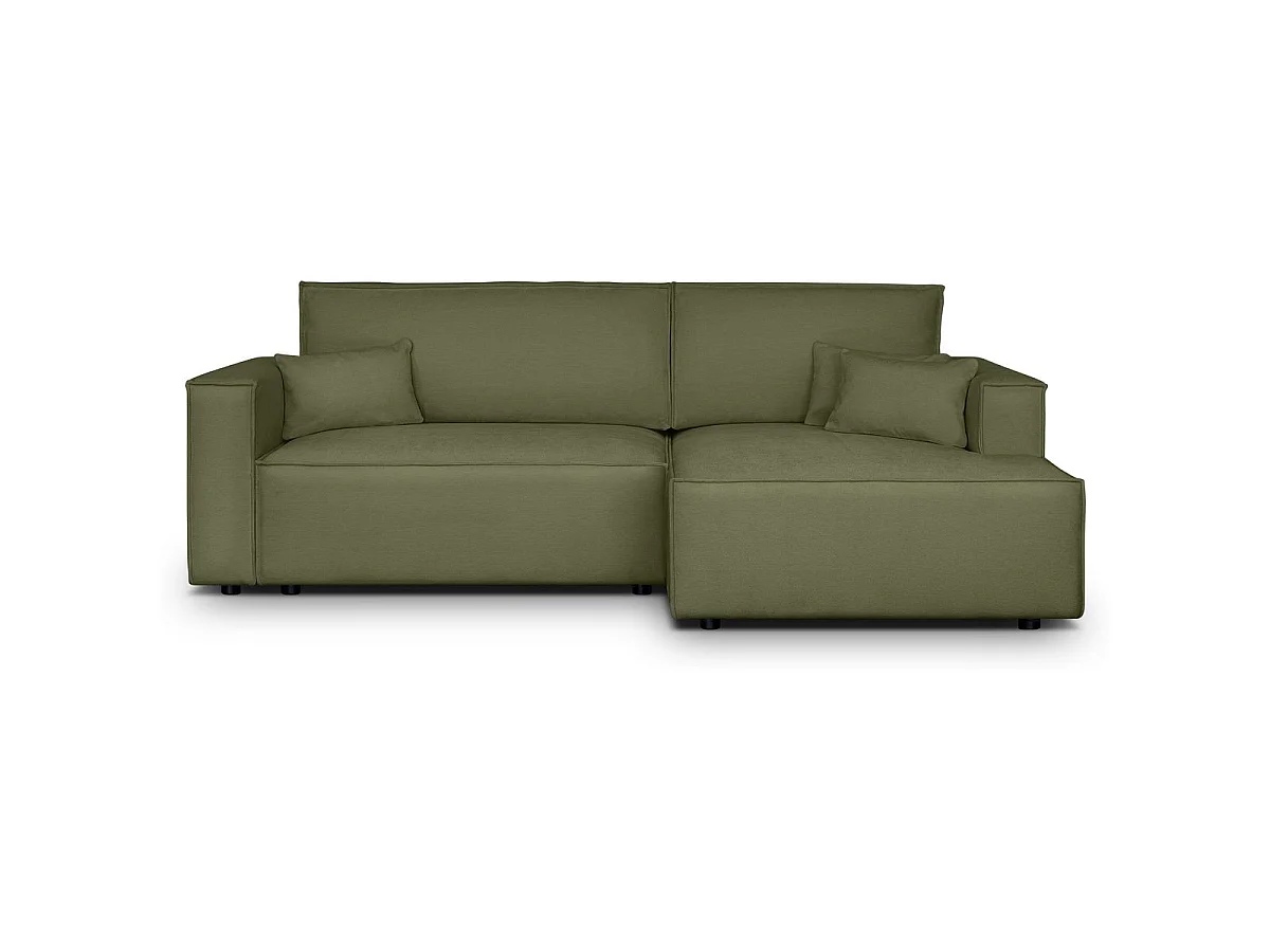Canapé d'angle à droite convertible 3 places en tissu chenille vert olive - Asti